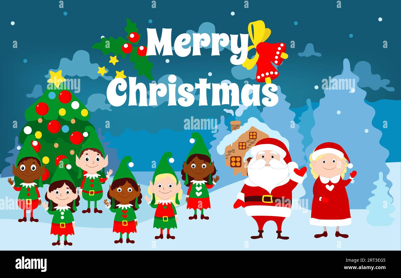 Le Père Noël et Mme le Père Noël, ainsi que les elfes africains et afro-américains et européens sont debout devant la maison. Illustration de Vecteur