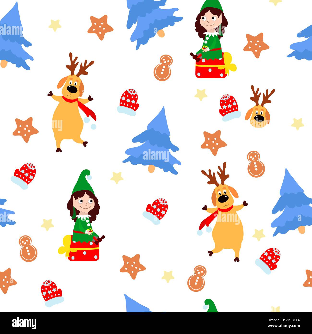 Motif sans couture de Noël, cerf dansant, elfes avec des cadeaux, arbres de Noël bleus, mitaines rouges, pain d'épice sur fond blanc. Image pour emballage. Illustration de Vecteur