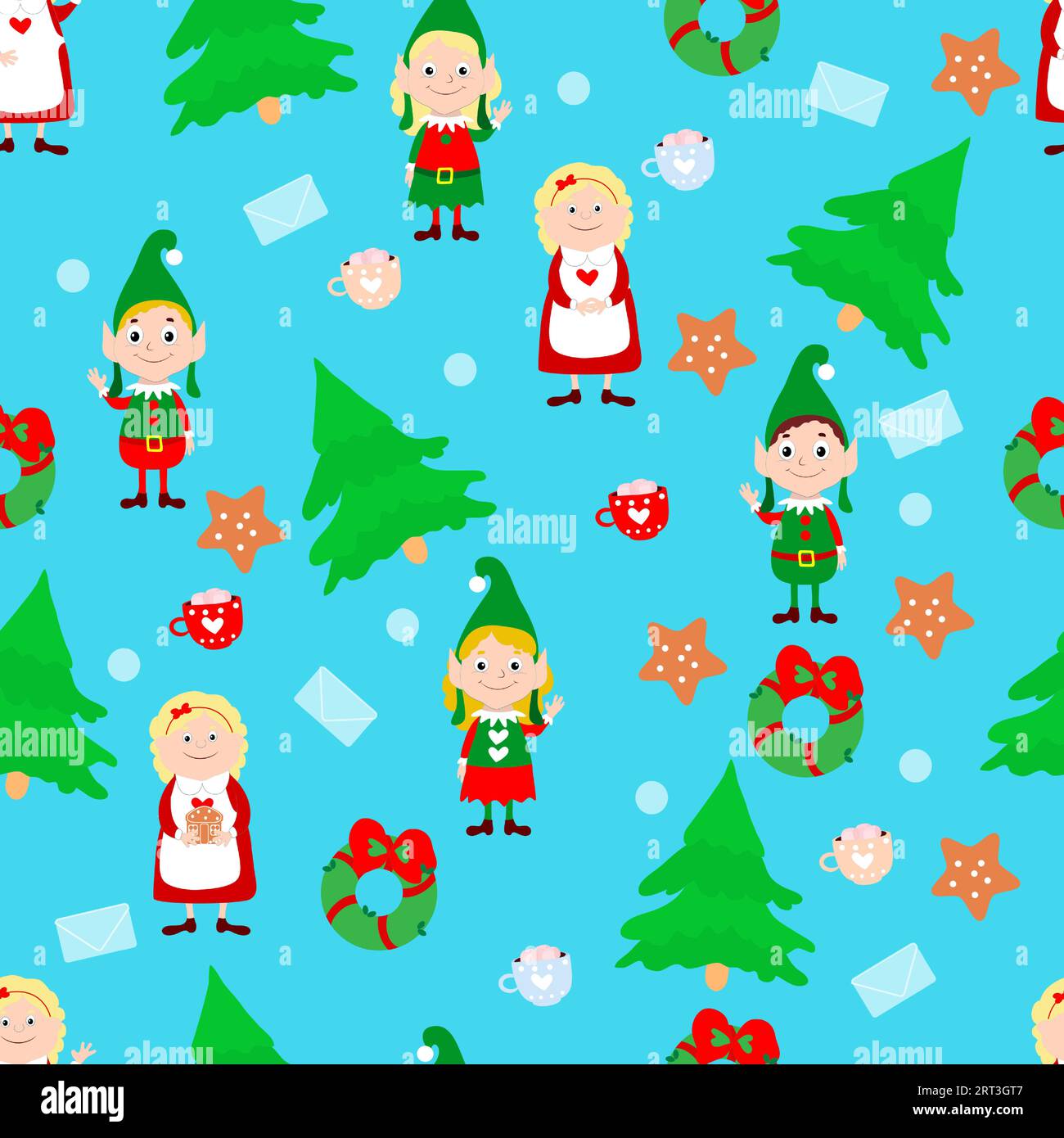Mme Santa, elfes, arbres de Noël, biscuits en pain d'épice et lettres sur fond bleu. Motif sans couture vectoriel dans le style de bande dessinée. Illustration de Vecteur