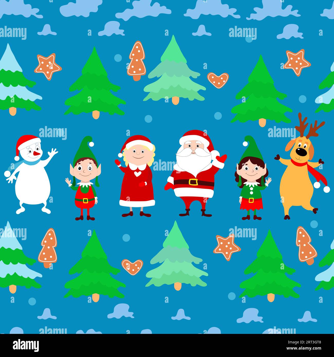 Bonhomme de neige drôle, Père Noël, Mme Père Noël, elfes, cerfs dansants, arbres de Noël, biscuit en pain d'épice et nuages sur fond bleu. Motif sans couture. Illustration de Vecteur