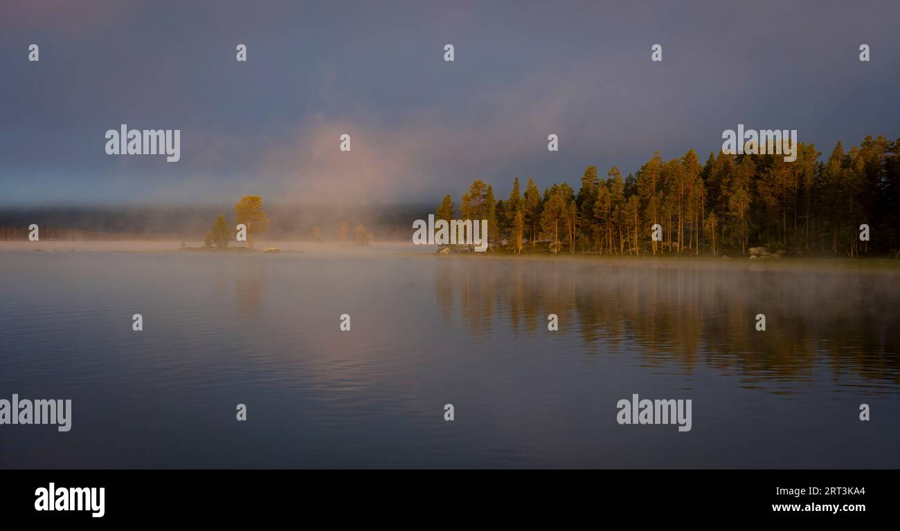 Vue panoramique du paysage brumeux du matin d'automne au bord du lac Isteren à Engerdal kommune, Norvège, Scandinavie. Banque D'Images