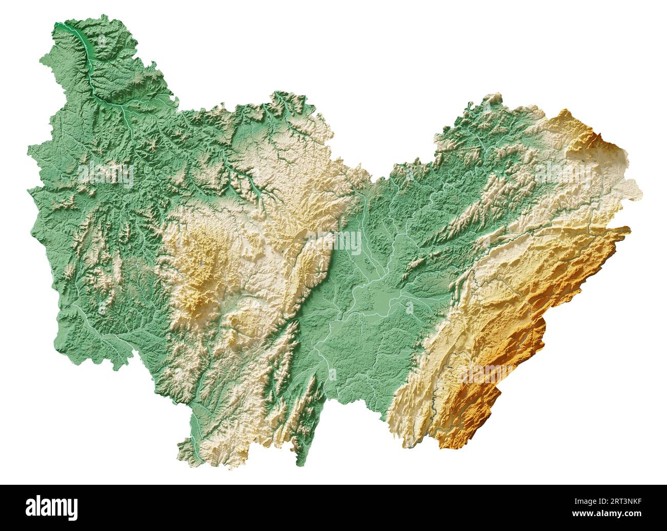 Bourgogne-Franche-Comté. Une région de France. Rendu 3D détaillé d'une carte en relief ombré, rivières, lacs. Coloré par l'altitude. Fond blanc pur. Banque D'Images