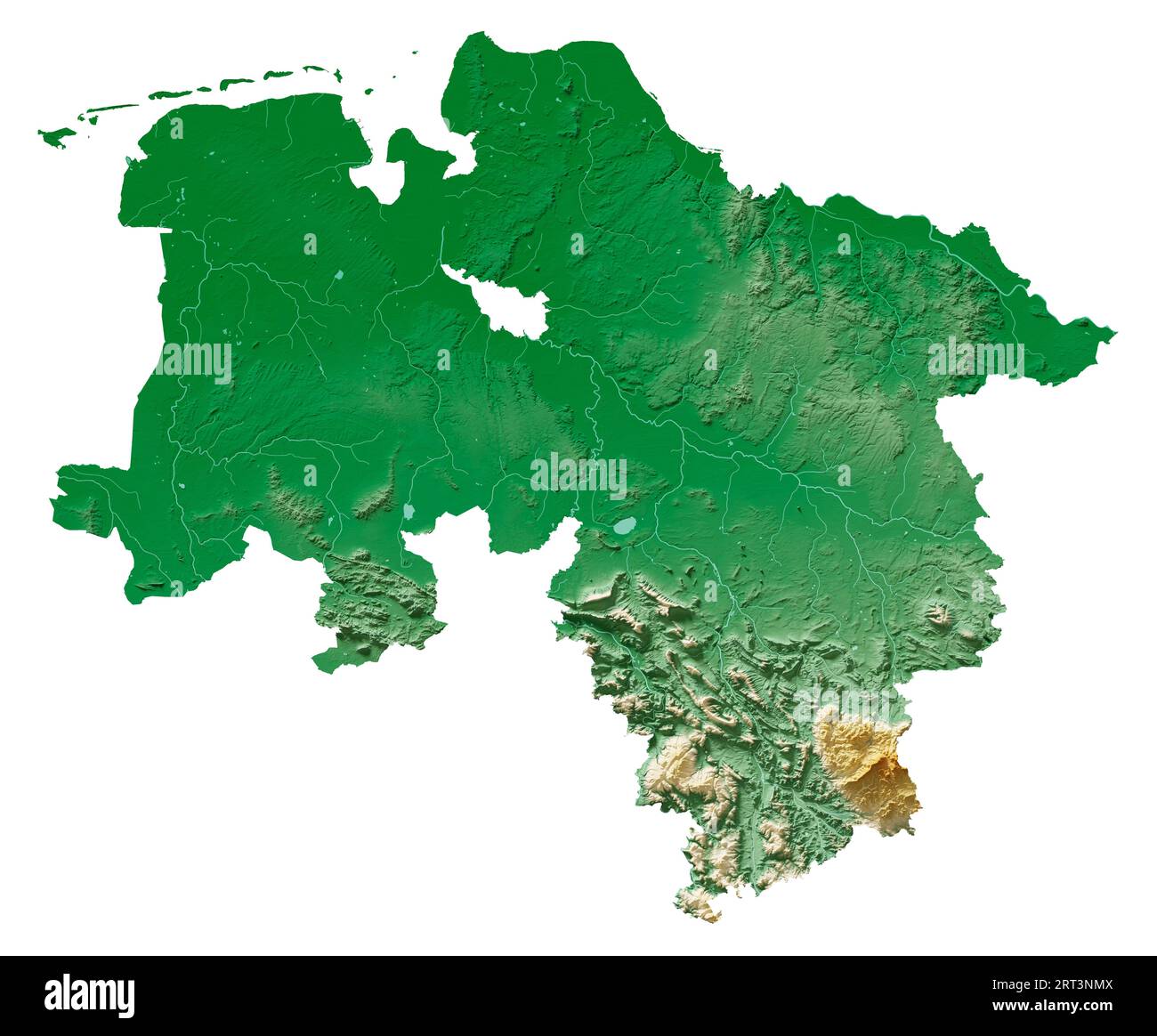 Niedersachsen. État allemand (Land). Rendu 3D détaillé d'une carte en relief ombré, rivières, lacs. Coloré par l'altitude. Fond blanc pur. Banque D'Images