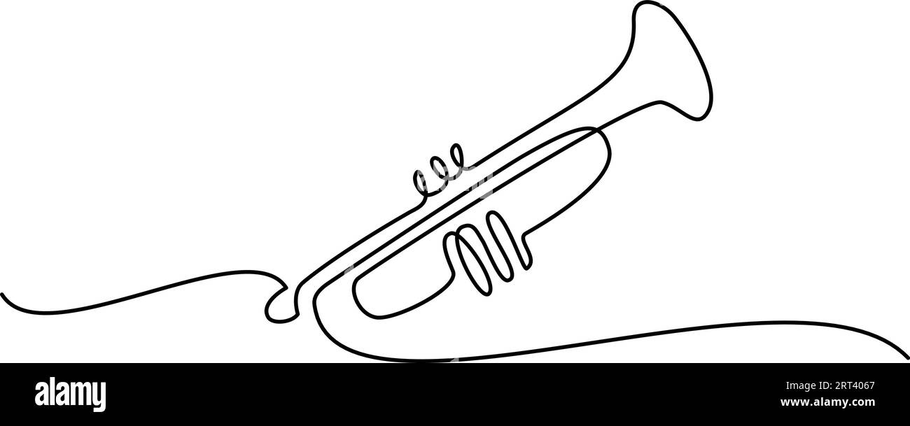 Trompette classique musicale, instrument de musique acoustique classique, jazz, cor, orchestre. Dessin continu d'une ligne. Illustration vectorielle dessin de contour Illustration de Vecteur