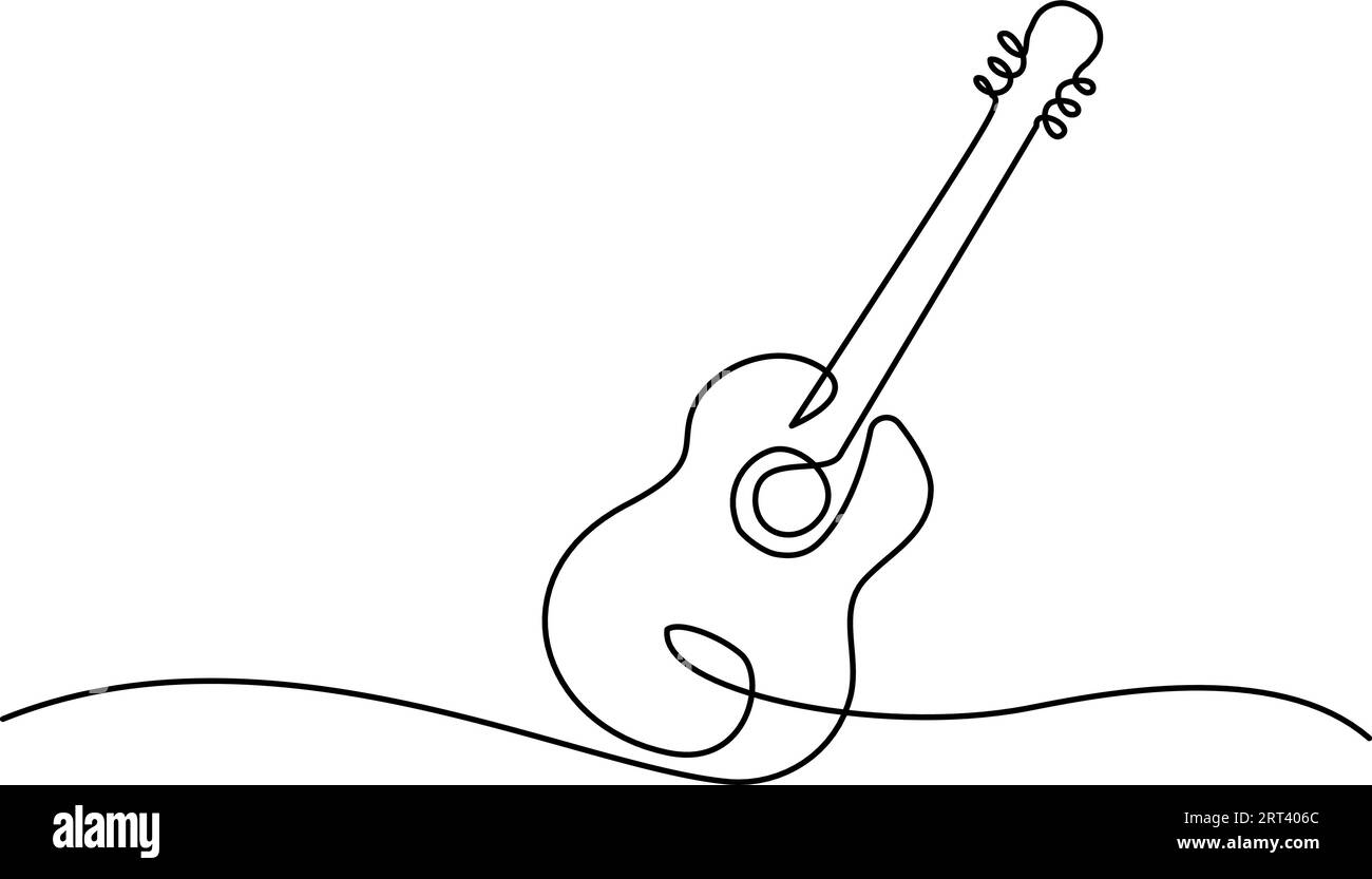 Instrument musical de guitare à cordes isolé sur fond blanc. Dessin continu d'une ligne. Illustration vectorielle dessin de contour Illustration de Vecteur