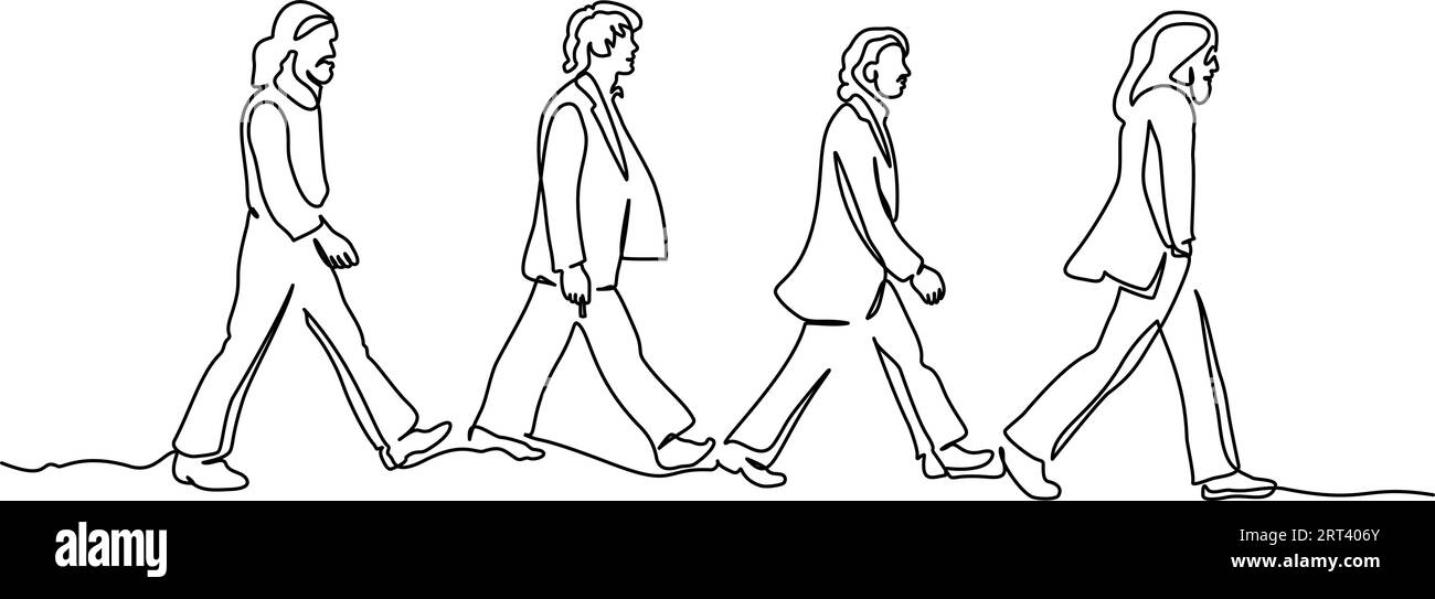 Les hommes en pleine hauteur marchent les uns après les autres dans de larges foulées. Dessin continu d'une ligne. Illustration vectorielle contour art . Illustration de Vecteur