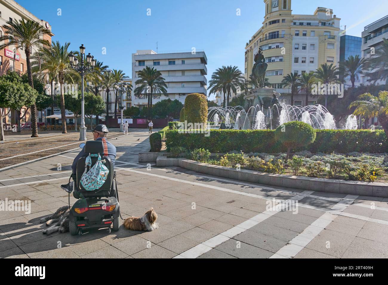 Jerez de la Frontera, Espagne - 6 septembre 2023 : chiens détendus attachés en laisse à la voiture d'une personne handicapée pour leur tenir compagnie. Banque D'Images