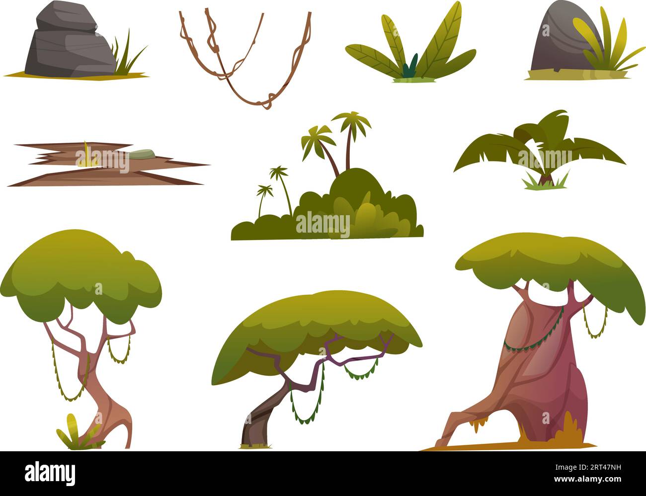 Jungle. Arbres tropicaux buissons palme illustration exacte de kit de création de dessin animé vectoriel Illustration de Vecteur