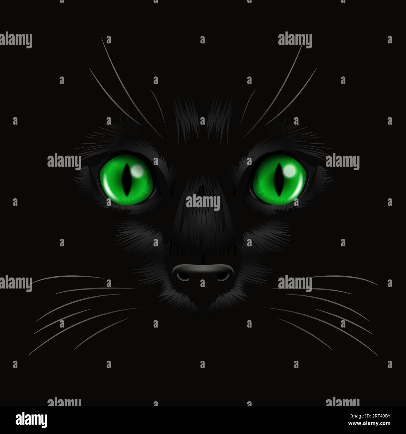 Vector 3D chats verts réalistes oeil d'un chat noir dans le noir, la nuit. Visage de chat avec Oui, nez, Whiskers sur noir. Gros plan chat dans les ténèbres Illustration de Vecteur