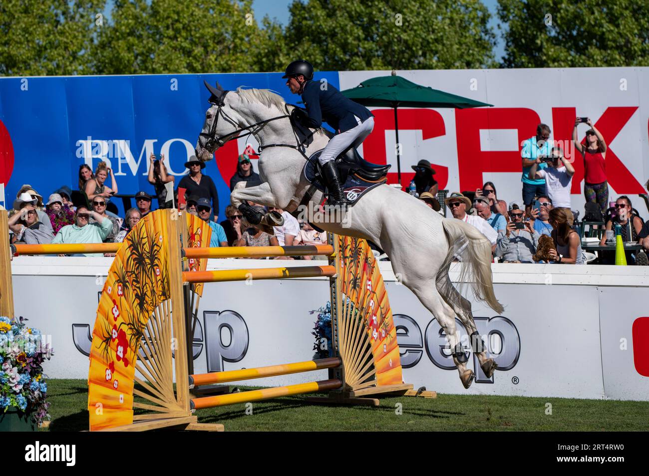 Calgary, Alberta, Canada, 10 septembre 2023. Hans-Dieter Dreher (GER) sur Elysium, The Masters, Spruce Meadows - CPKC Grand Prix - crédit : Peter Llewellyn/Alamy Live News Banque D'Images