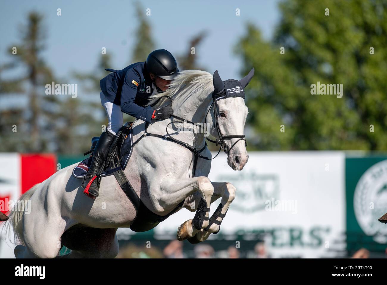 Calgary, Alberta, Canada, 10 septembre 2023. Hans-Dieter Dreher (GER) sur Elysium, The Masters, Spruce Meadows - CPKC Grand Prix - crédit : Peter Llewellyn/Alamy Live News Banque D'Images