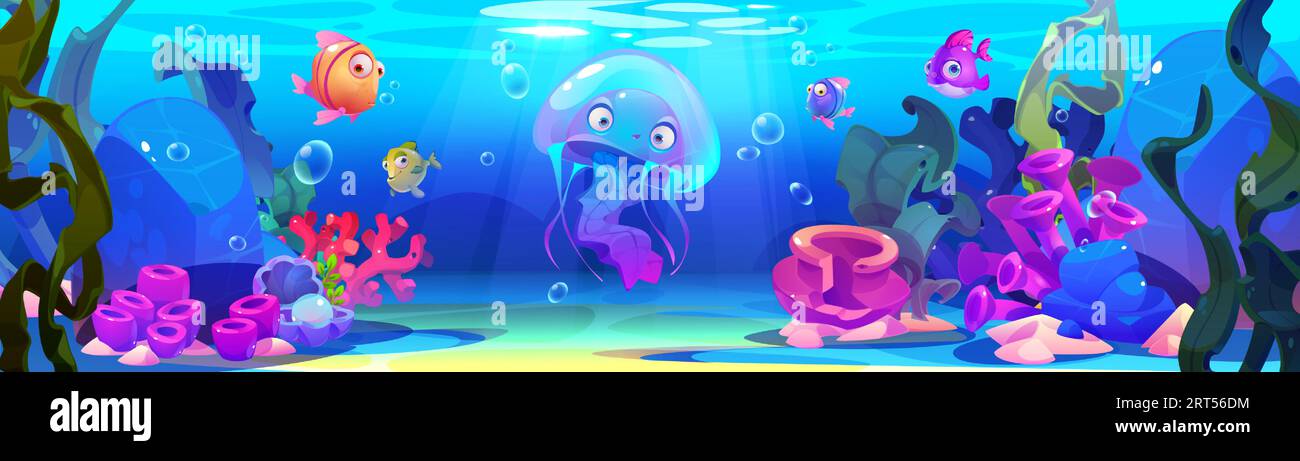 Méduse sous-marine avec illustration vectorielle d'algues. Aquarium flore et vie avec éponge, roche et sable. Personnage de poisson de gelée nageant dans fond de dessin animé de l'océan profond. Nature abstraite des fonds marins Illustration de Vecteur