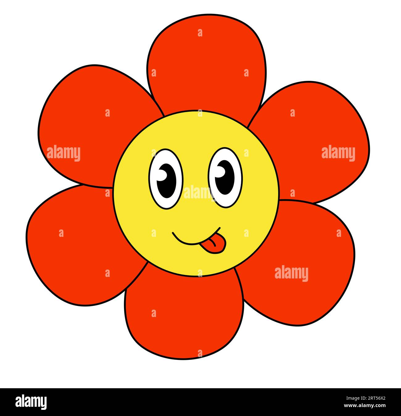 Rétro 70s 60s 80s hippie Groovy fleur mignonne montre la langue. Visage souriant. Pouvoir floral. Illustration vectorielle isolée sur fond blanc. Illustration de Vecteur