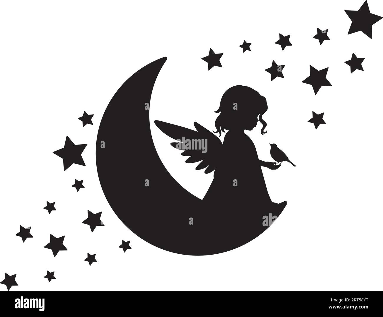 Silhouette de fille d'ange sur une lune tenant petit oiseau, vecteur. Silhouette d'ange de fille sur une lune avec des étoiles. Décalcomanies murales isolées sur fond blanc, art Illustration de Vecteur