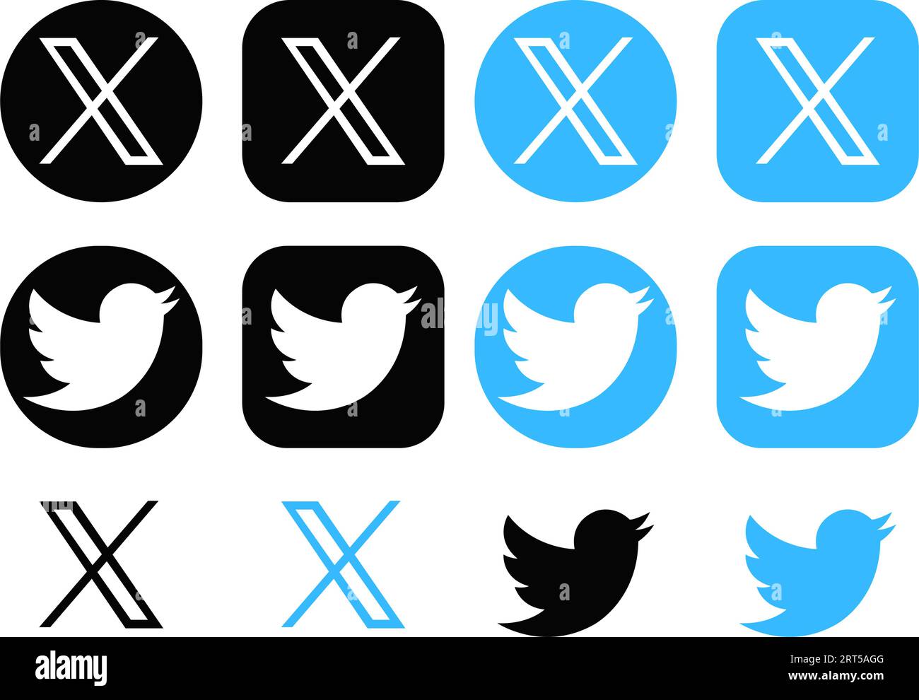 Twitter X nouveau logo vcetor. X Nouvelle icône Twitter. Ensemble de Twitter nouveau et ancien logo rond et carré. Twitter rebrand Little Bird en symbole de lettre X. Elon Illustration de Vecteur