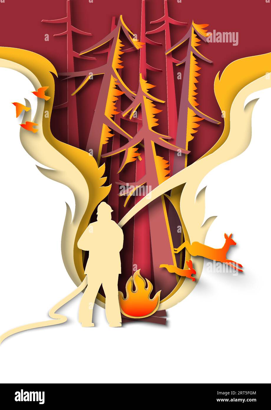 Pompier éteignant le feu dans le style de coupe de papier forestier Illustration de Vecteur