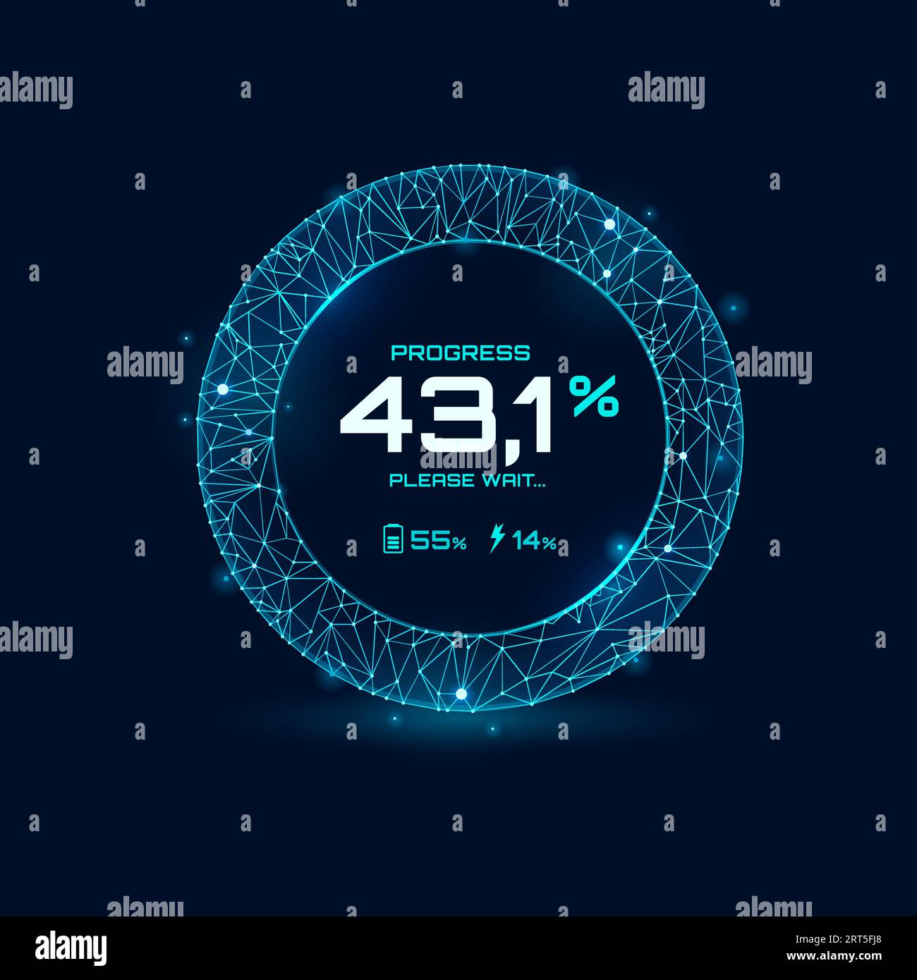 Cadran néon de progression de barre de chargement, tableau de bord de jauge de vitesse, interface de compteur futuriste. Écran numérique ou panneau de commande de jeu utilisateur hud Sci-fi à vecteur isolé avec échelles circulaires et indicateurs de pourcentage Illustration de Vecteur