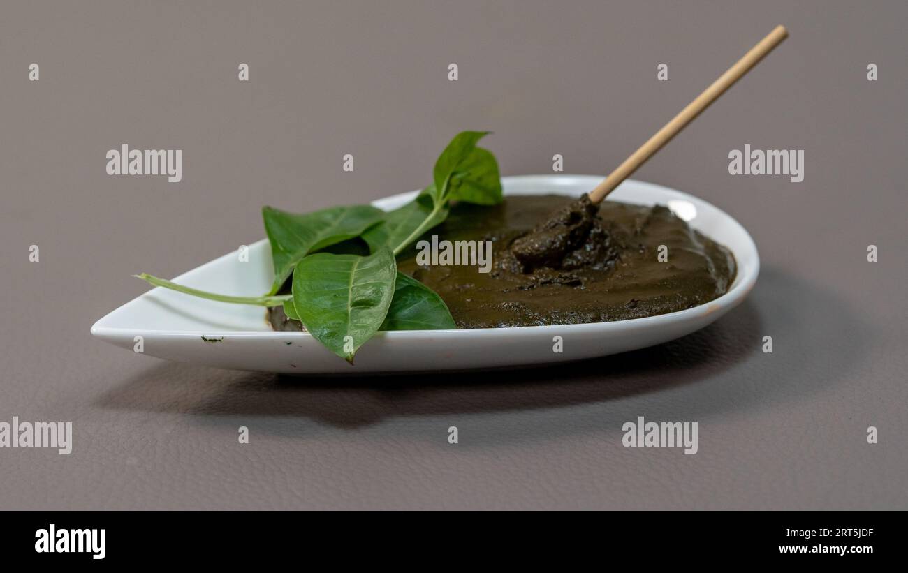 Soin des cheveux gris naturel : pâte de henné avec des feuilles dans un bol en céramique Banque D'Images