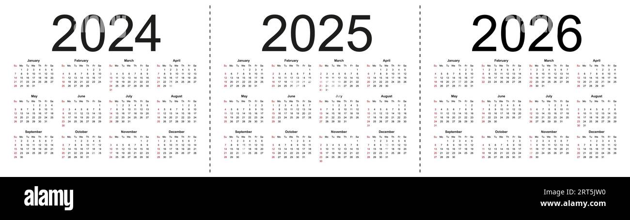 Calendriers vectoriels modifiables simples pour l'année 2024 2025 2026. La semaine commence à partir du dimanche. Illustration vectorielle isolée sur fond blanc. Illustration de Vecteur