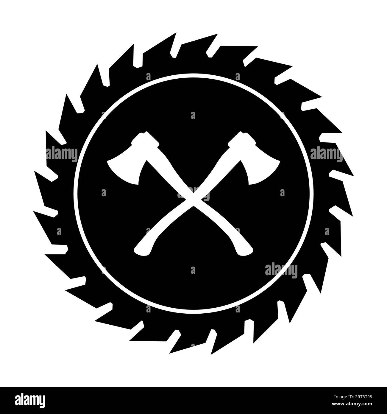 Axes croisés sur lame de scie sur fond blanc. Illustration isolée. Banque D'Images