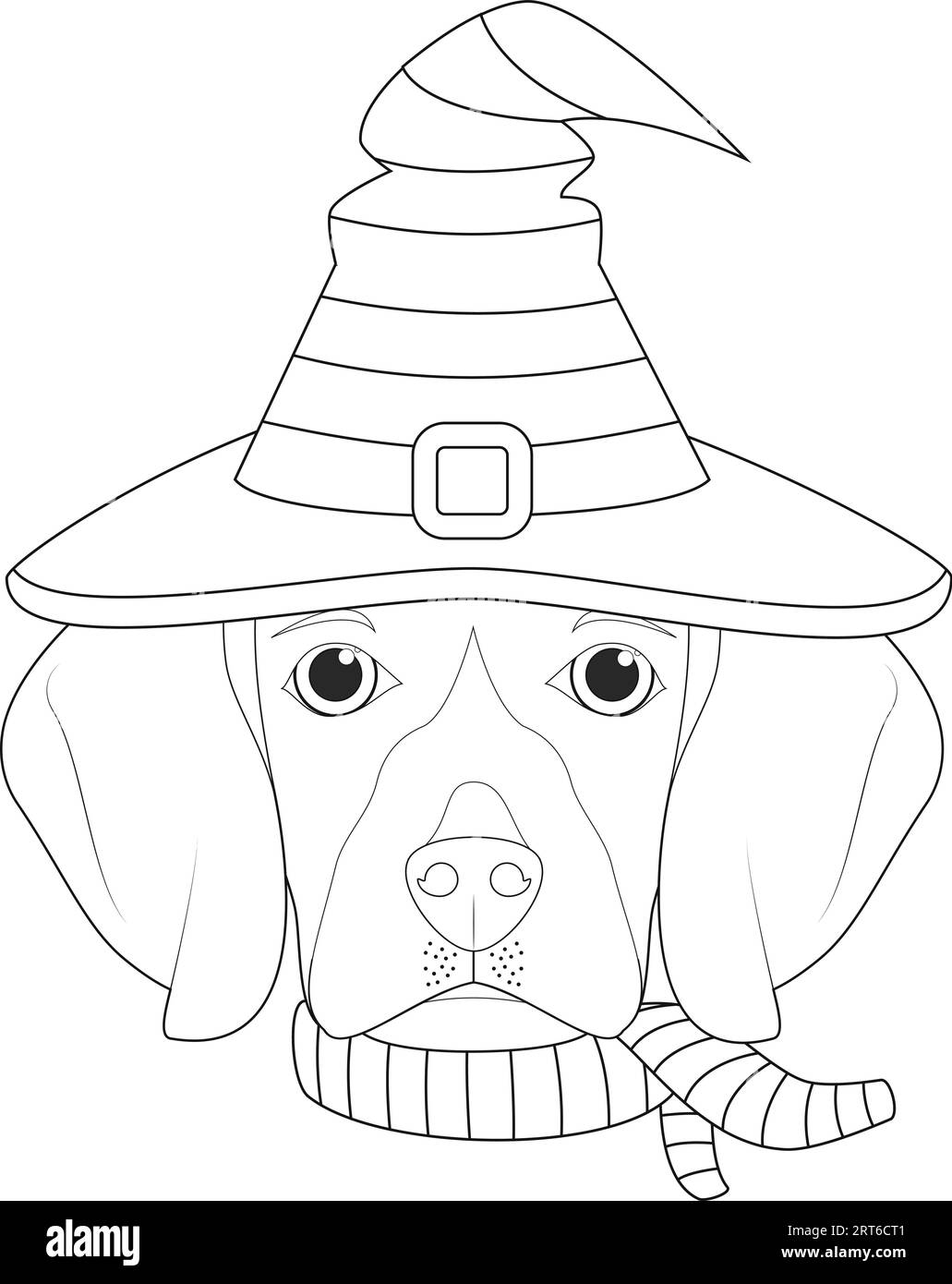 Carte de voeux Halloween pour colorier. Chien Beagle habillé comme une sorcière avec un chapeau noir et vert et une écharpe Illustration de Vecteur
