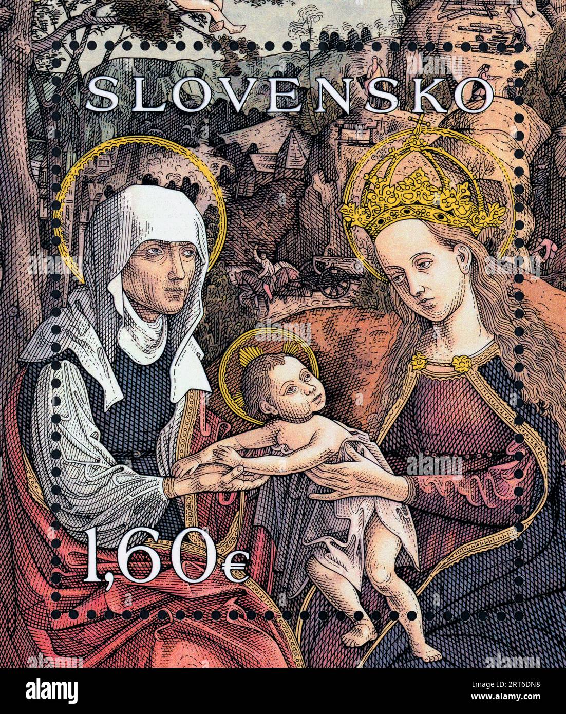 Timbre-poste : la Vierge et l'enfant Jésus avec Sainte Anne – une peinture de 1513. Timbre-poste émis en Slovaquie en 2011. Banque D'Images
