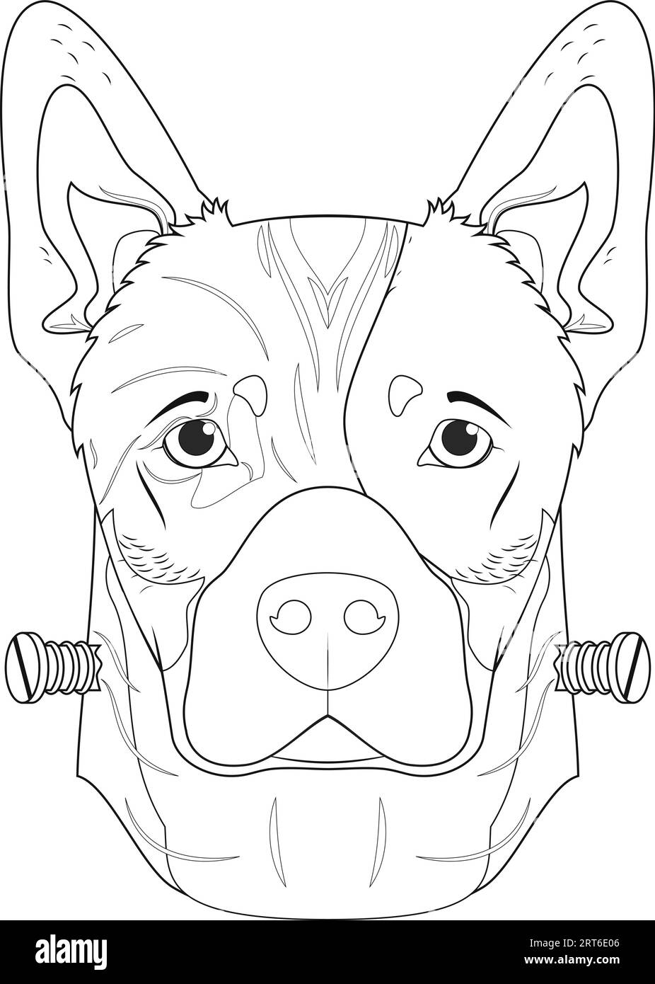 Carte de voeux Halloween pour colorier. Chien de bétail australien coloré en vert et habillé comme un monstre avec des vis dans le cou Illustration de Vecteur