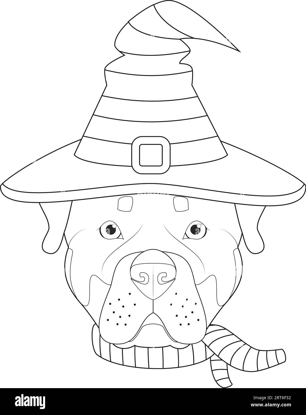 Carte de voeux Halloween pour colorier. Chien Rottweiler habillé comme une sorcière avec un chapeau noir et violet et une écharpe Illustration de Vecteur