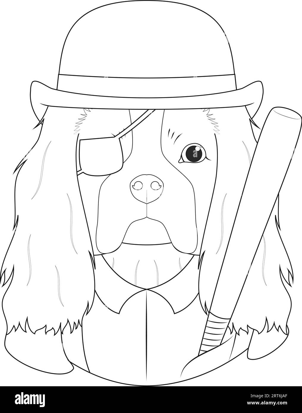 Carte de voeux Halloween pour colorier. Cavalier King Charles Spaniel chien avec chapeau melon, patch, chemise blanche avec bretelles, et une batte de baseball Illustration de Vecteur