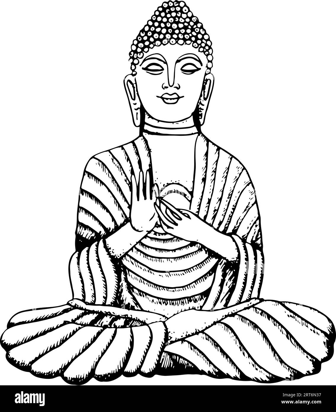 Vector Bouddha statue en pierre dessin à la main illustration d'art au trait. Élément de méditation pour le yoga et le bouddhisme dessins noir et blanc. Illustration de Vecteur