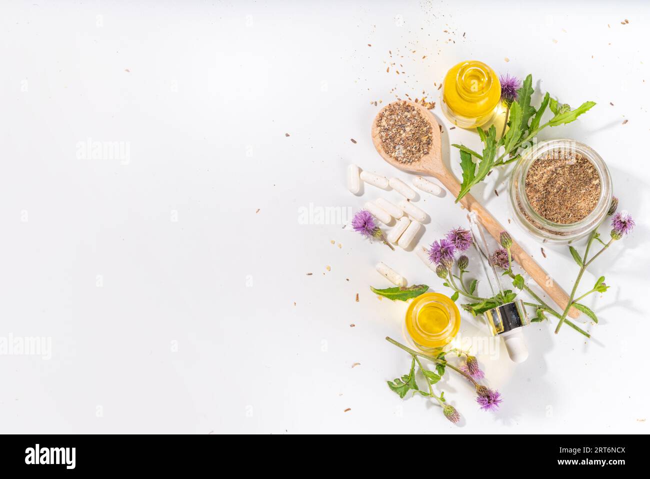 Fournitures de chardon de lait, poudre et huile. Silybum marianum, superaliment biologique naturel de fleurs sauvages - graines entières et de grains, pilules, huile avec frais Banque D'Images