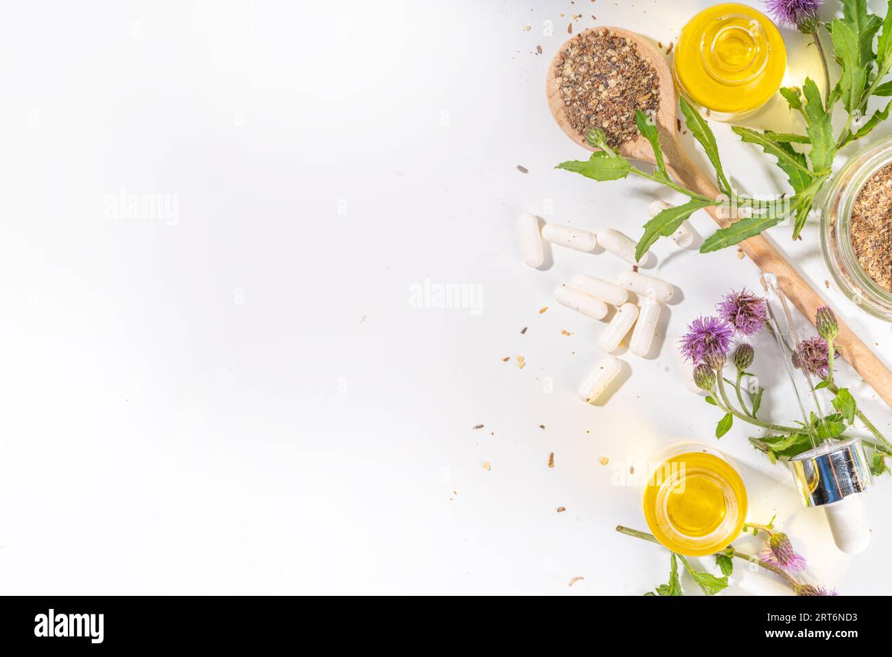 Fournitures de chardon de lait, poudre et huile. Silybum marianum, superaliment biologique naturel de fleurs sauvages - graines entières et de grains, pilules, huile avec frais Banque D'Images