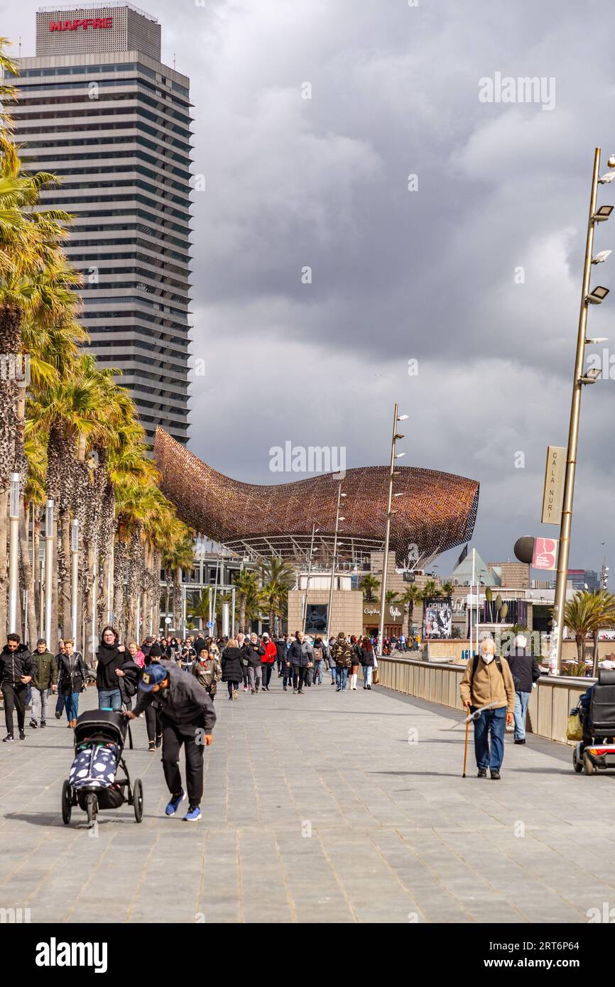 Barcelone, Espagne - 13 FÉVRIER 2022 : la sculpture géante de poissons d'or, El Peix de Frank Gehry, située sur le port Olypmique de Barcelone, Catalogne, Espagne. Banque D'Images