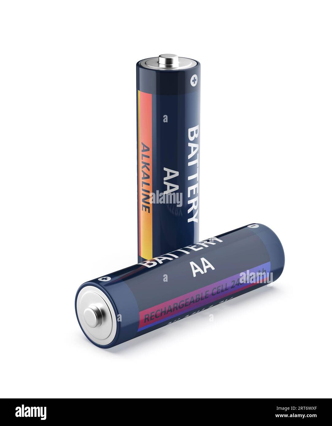 Piles alcalines et rechargeables ni-MH AA sur fond blanc Banque D'Images