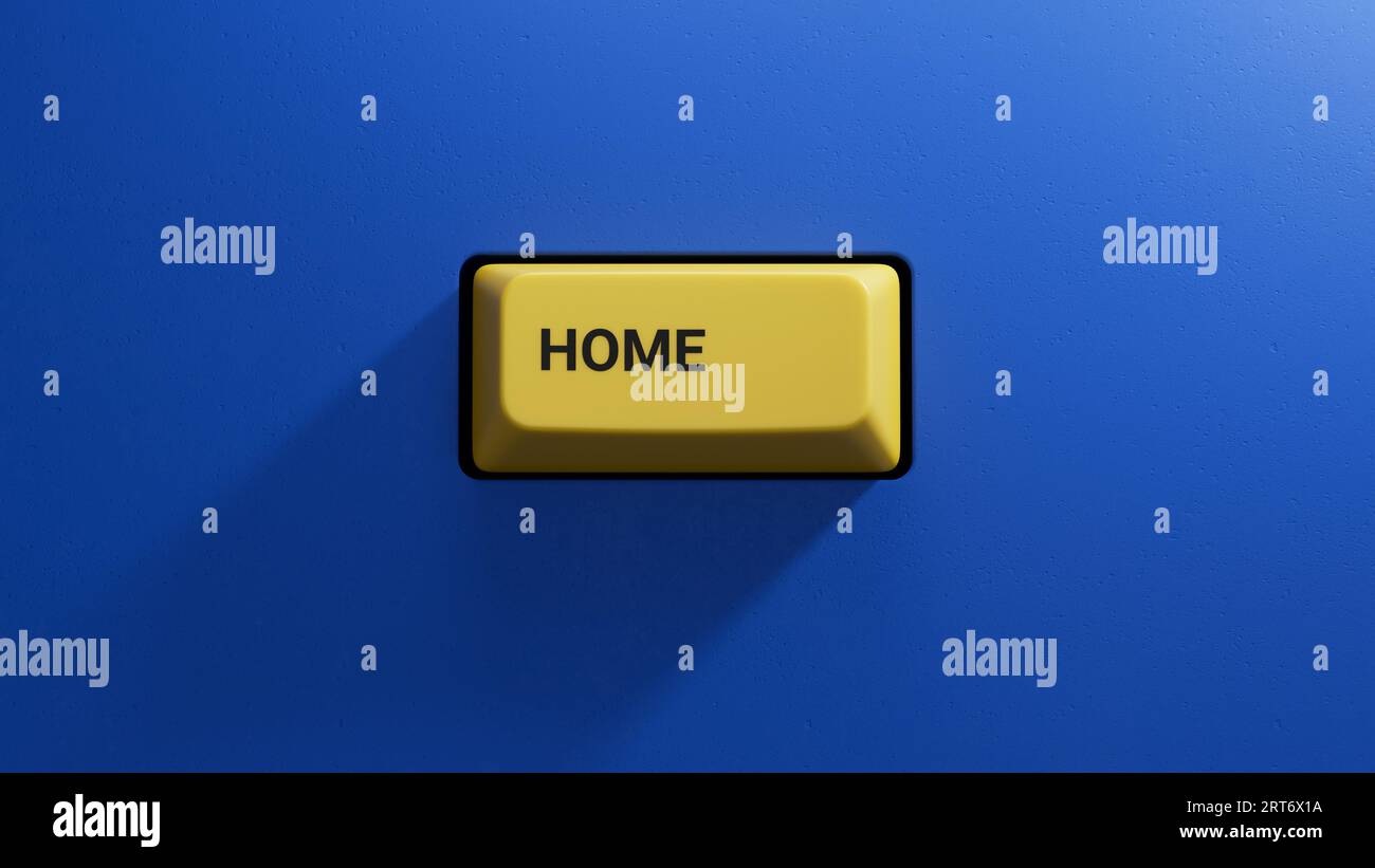 Home.illustration 3D du bouton du clavier d'un ordinateur moderne.bouton jaune clair.rendu 3D sur fond bleu. Banque D'Images