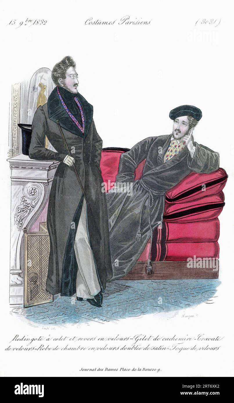 Blouson avec col et revers en velours - Gilet cachemire - cravate en velours. Robe de chambre en velours doublée de satin - Casquette en velours. Extrait du Journal des Dames et des modes, costumes parisiens, édition du 15 septembre 1832. D'après une estampe de Jean Denis Nargeot d'après le dessin de Louis Marie Lante. Banque D'Images