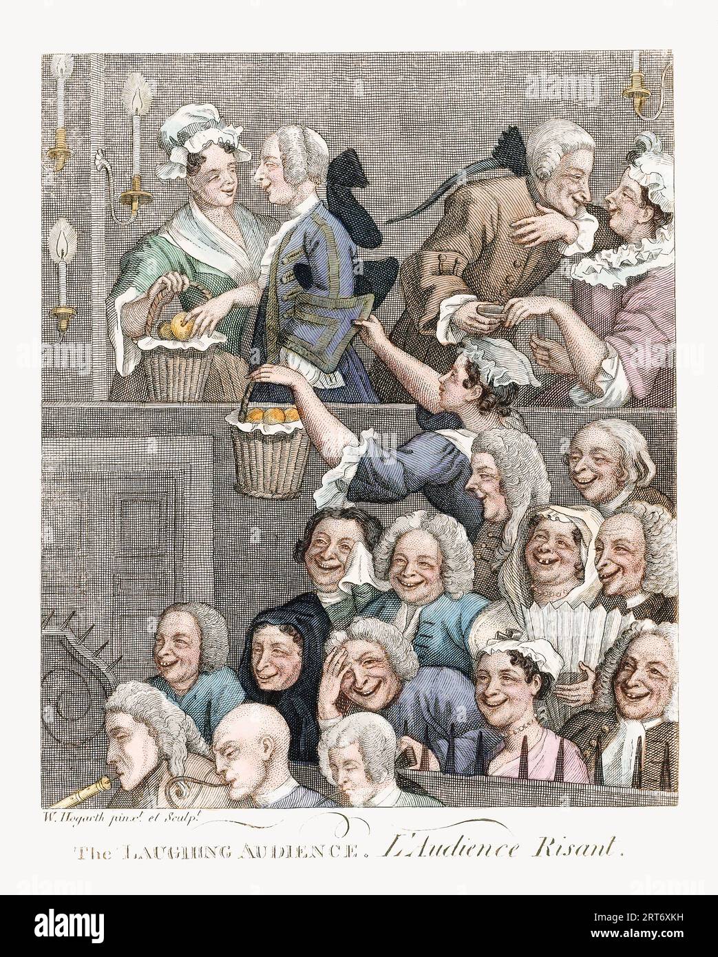 The Laughing audience / l'audience Risant. D'après une œuvre du 18e siècle de William Hogarth. Colorisation ultérieure. Banque D'Images