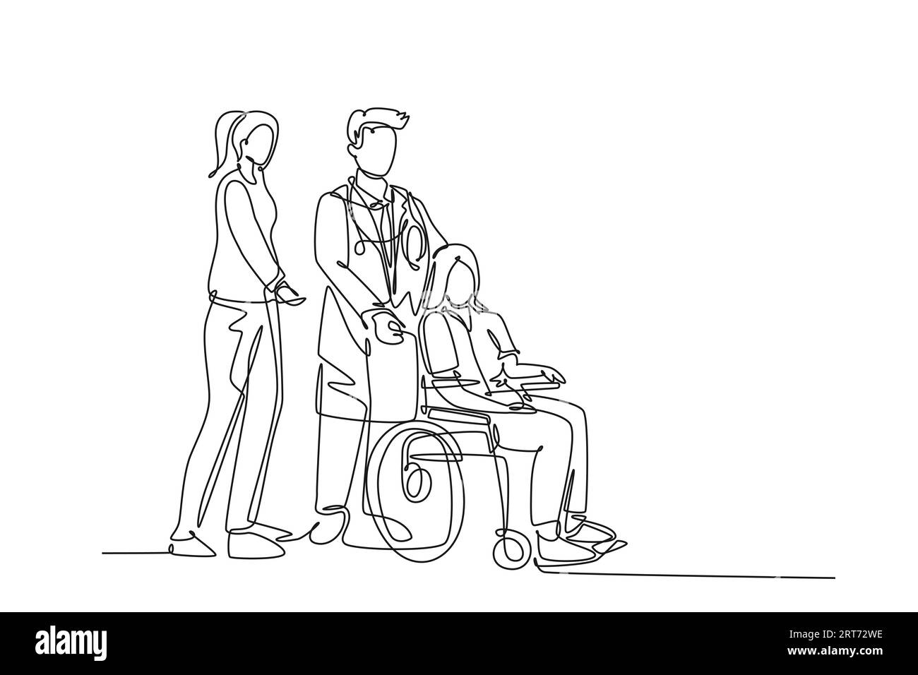 Continu une ligne dessinant jeune médecin et infirmière visitant et branchant le vieux patient avec fauteuil roulant à l'hôpital. Concept médical de santé. S Banque D'Images