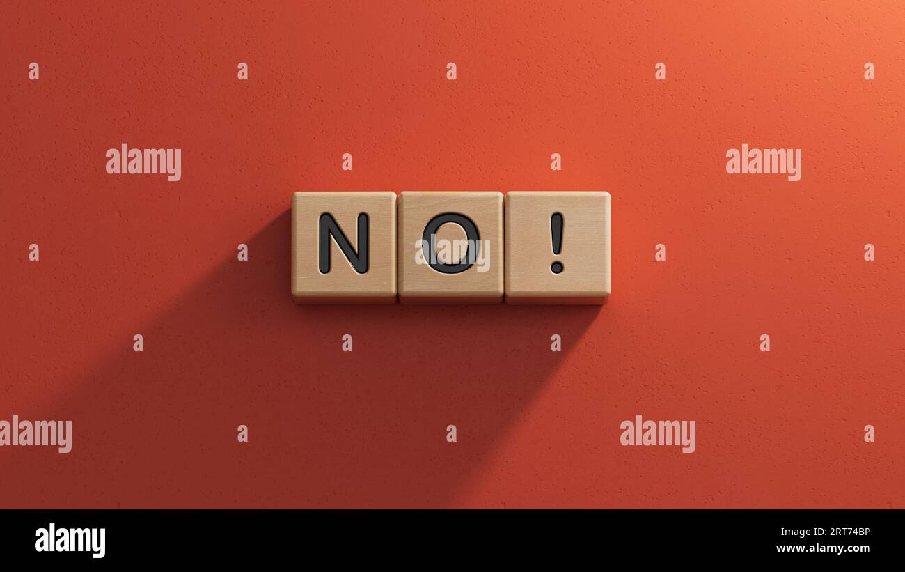 Cubes en bois avec texte no. Concept de réponse négative. Pas de risque, pas de violence ou pas de discrimination concept.rendu 3D sur fond rouge. Banque D'Images