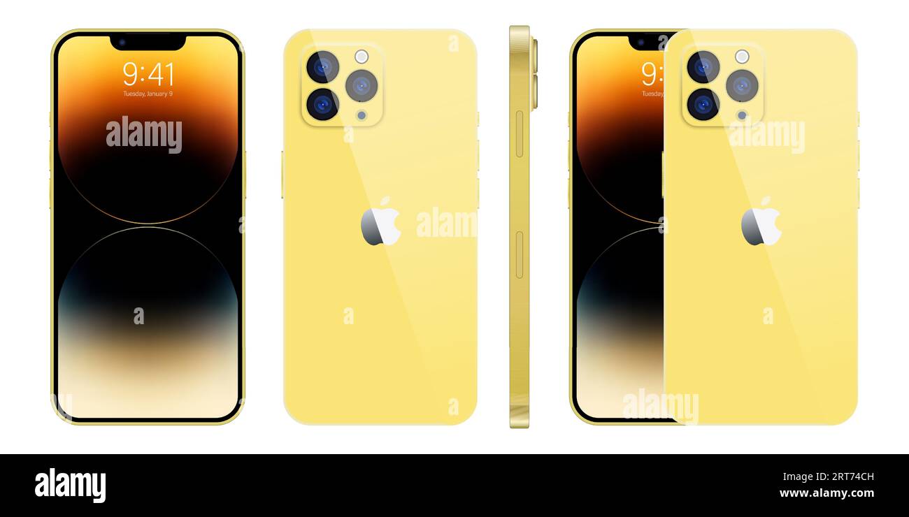 Nouveau iPhone 15 pro, pro max couleur jaune foncé par Apple Inc. iphone à écran modèle et iphone arrière. Haute qualité. Présentation officielle. Éditorial. Illustration de Vecteur