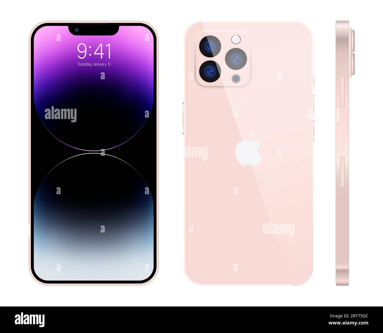 Nouveau iPhone 15 pro, pro max couleur rose foncé par Apple Inc. iphone à écran modèle et iphone arrière. Haute qualité. Éditorial. Illustration de Vecteur