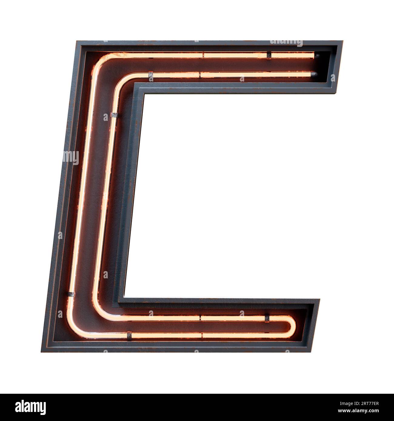 Illustration 3D du caractère orange de l'alphabet clair néon lettre majuscule. Tube néon lettre majuscule effet de lueur orange dans le rendu boîte en métal noir.3d est Banque D'Images