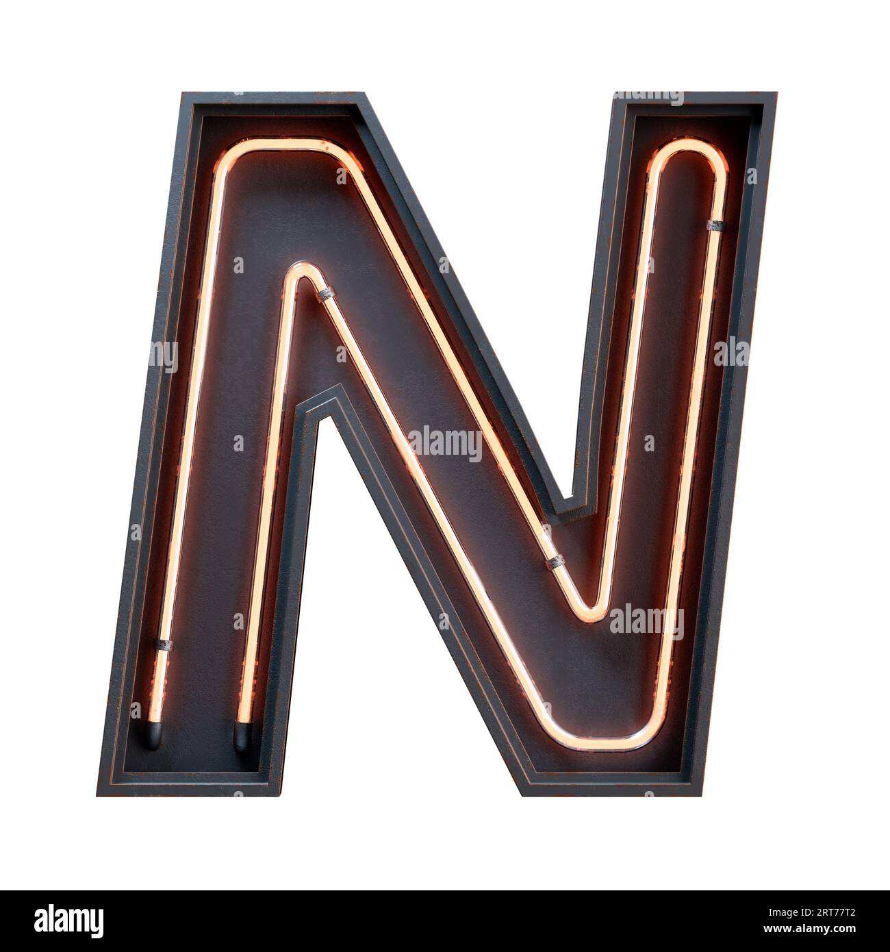 Illustration 3D du caractère orange de l'alphabet clair néon lettre majuscule. Tube néon lettre majuscule effet de lueur orange dans le rendu boîte en métal noir.3d est Banque D'Images