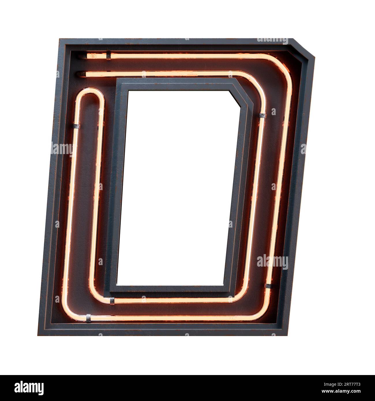Illustration 3D du caractère orange de l'alphabet clair néon lettre majuscule. Tube néon lettre majuscule effet de lueur orange dans le rendu boîte en métal noir.3d est Banque D'Images