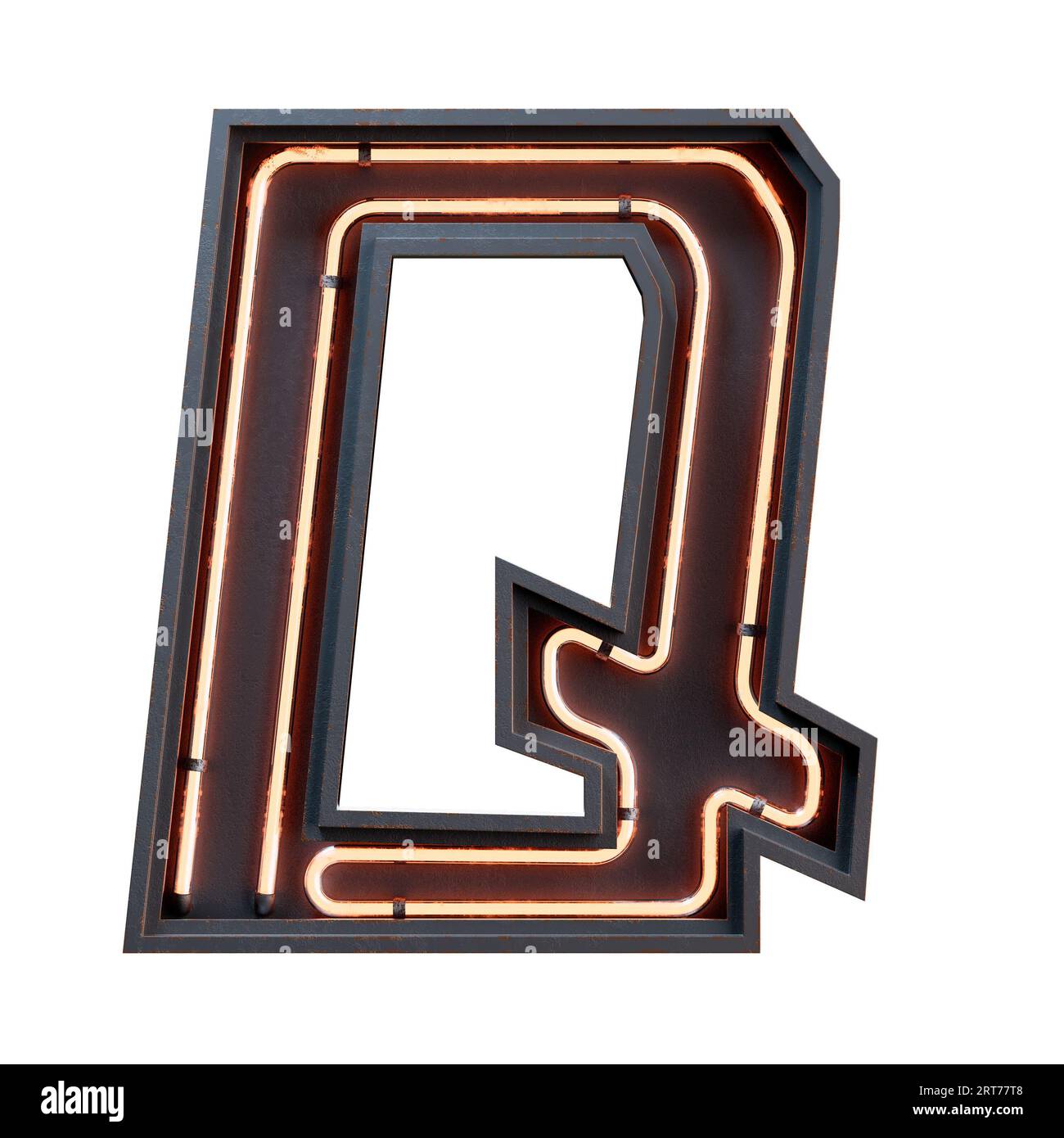 Illustration 3D du caractère orange de l'alphabet clair néon lettre majuscule. Tube néon lettre majuscule effet de lueur orange dans le rendu boîte en métal noir.3d est Banque D'Images