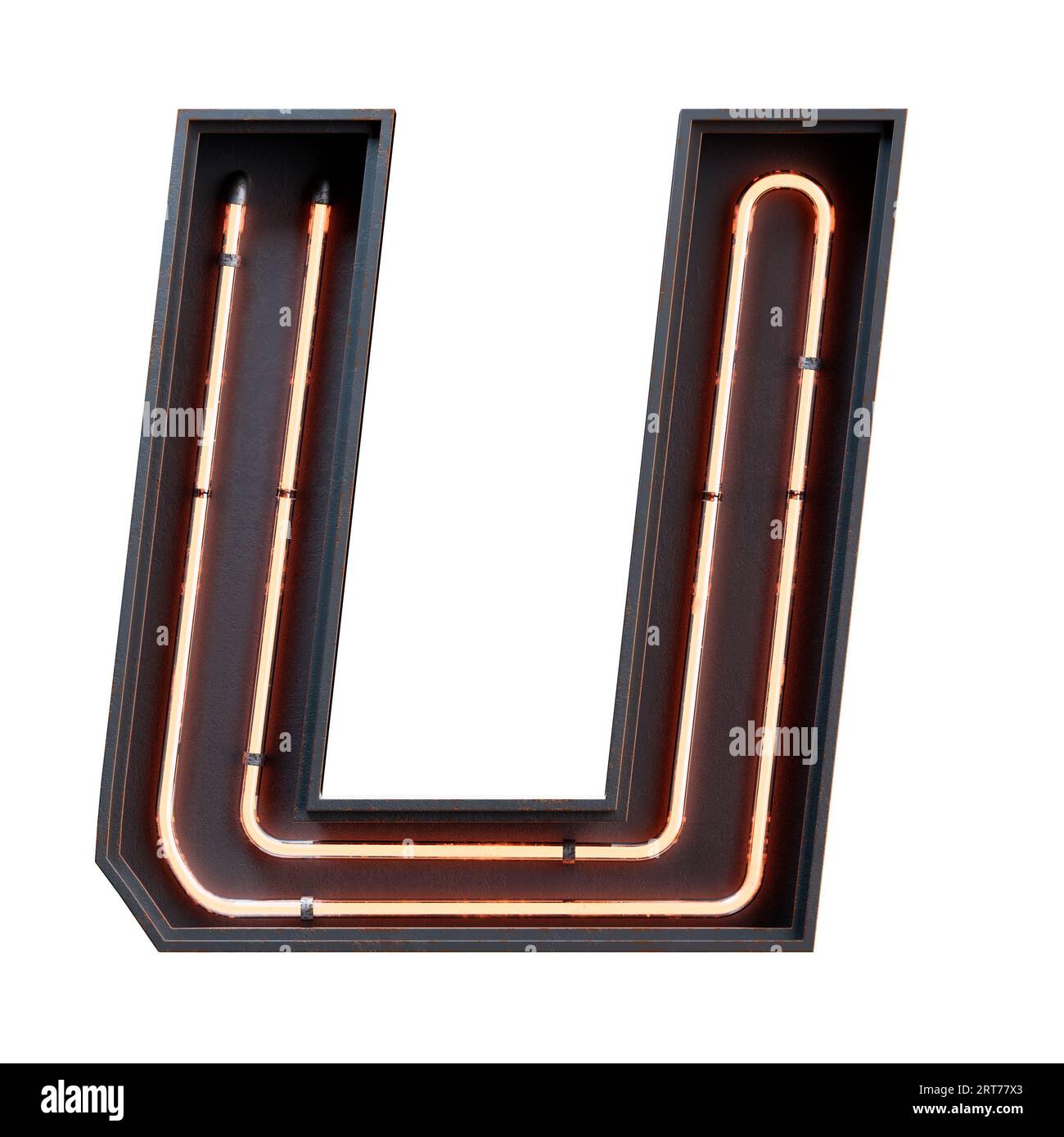 Illustration 3D du caractère orange de l'alphabet clair néon lettre majuscule. Tube néon lettre majuscule effet de lueur orange dans le rendu boîte en métal noir.3d est Banque D'Images