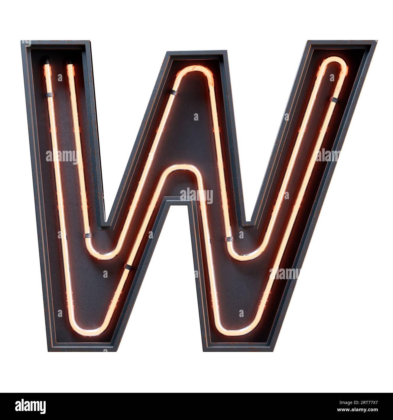 Illustration 3D du caractère orange de l'alphabet clair néon lettre majuscule. Tube néon lettre majuscule effet de lueur orange dans le rendu boîte en métal noir.3d est Banque D'Images