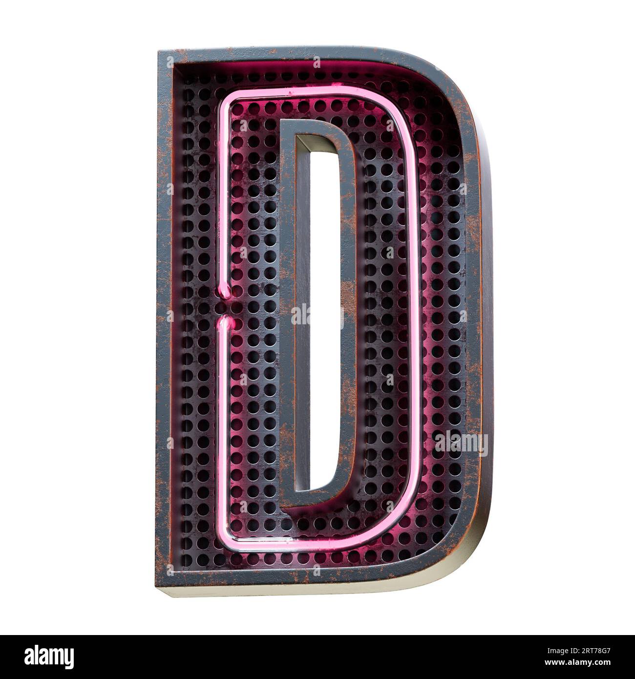 Illustration 3D de caractère alphabet rose néon clair lettre majuscule. Tube néon lettre majuscule effet phosphorescent rose en boîte métallique rouillée noire.rendu 3D. Banque D'Images