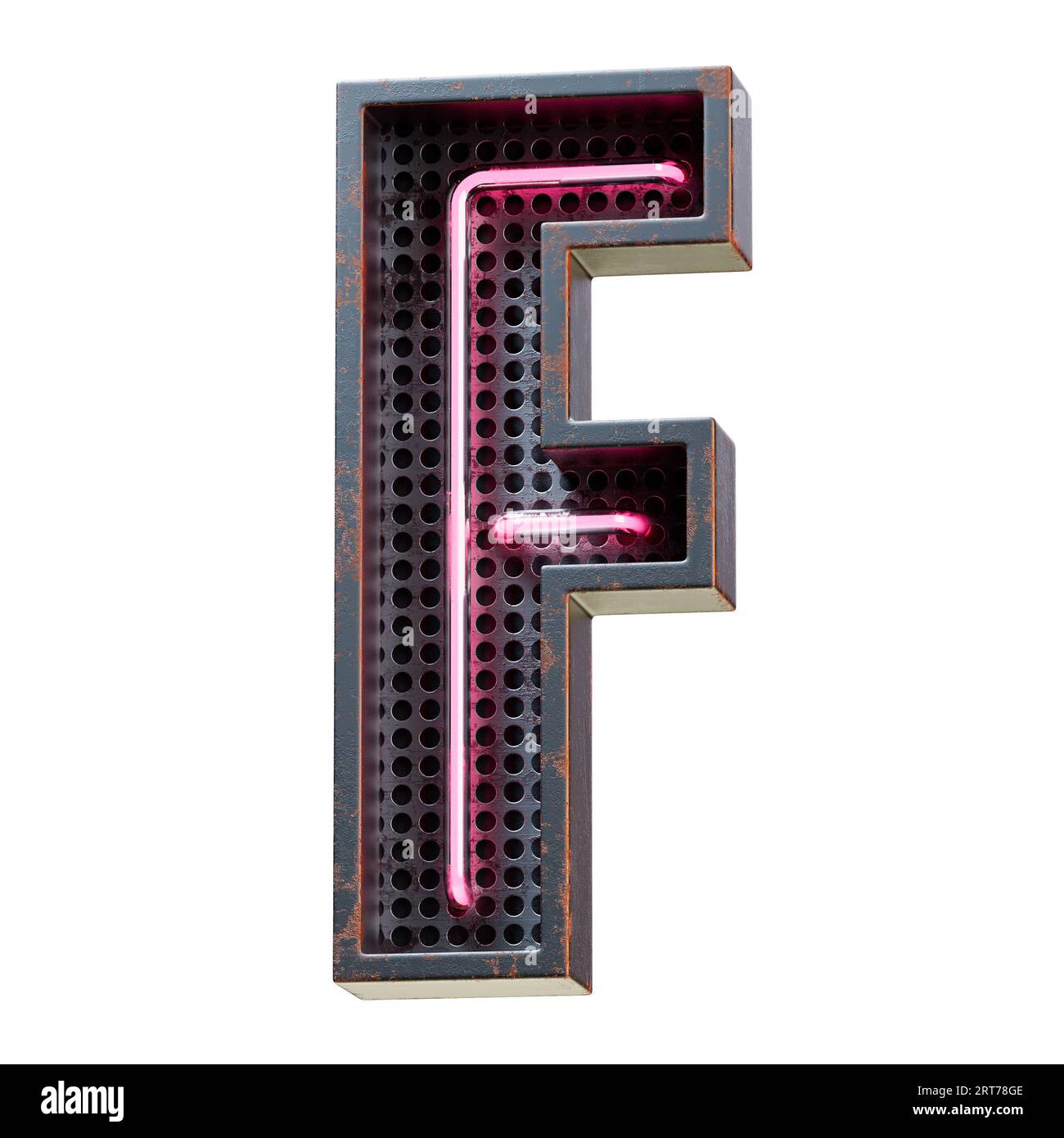 Illustration 3D de caractère alphabet rose néon clair lettre majuscule. Tube néon lettre majuscule effet phosphorescent rose en boîte métallique rouillée noire.rendu 3D. Banque D'Images