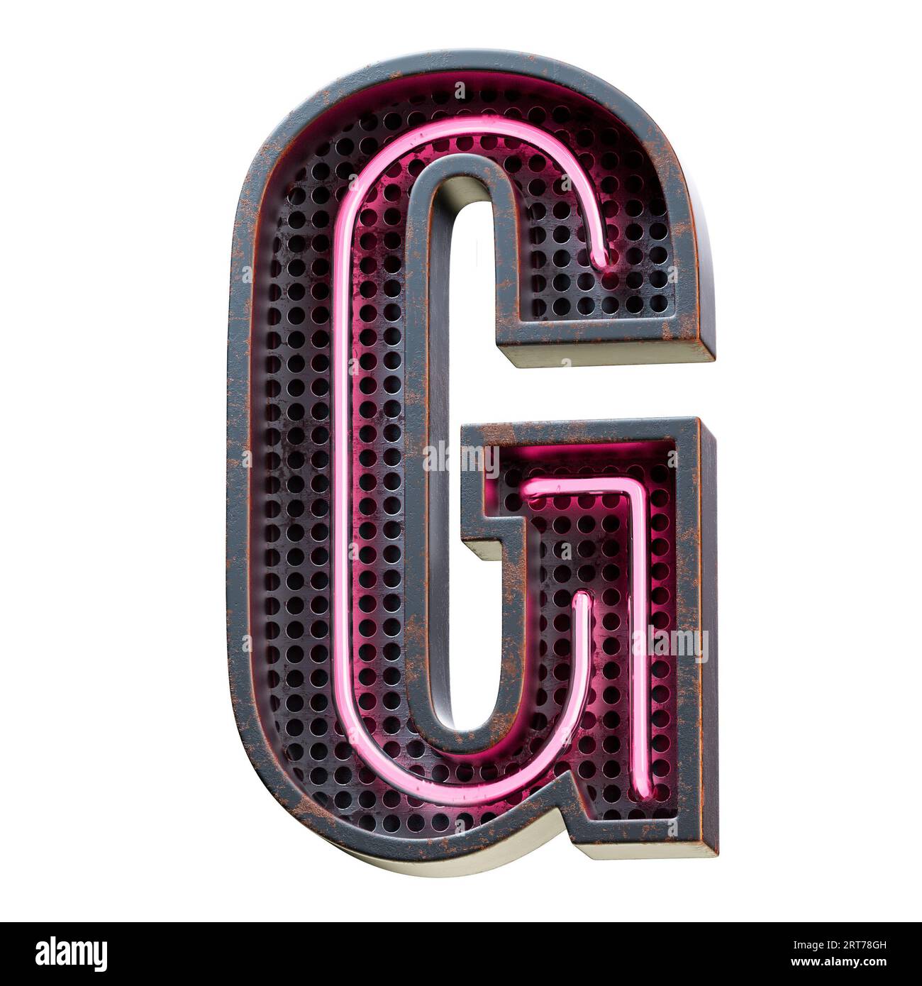 Illustration 3D de caractère alphabet rose néon clair lettre majuscule. Tube néon lettre majuscule effet phosphorescent rose en boîte métallique rouillée noire.rendu 3D. Banque D'Images